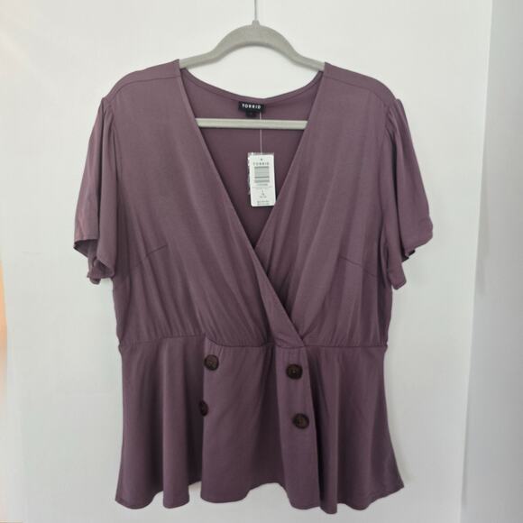 TORRID Women’s Plus Size Mauve Wrap Top Short Flutter Sleeves Tie Sz 1 1X New - Picture 2 of 9